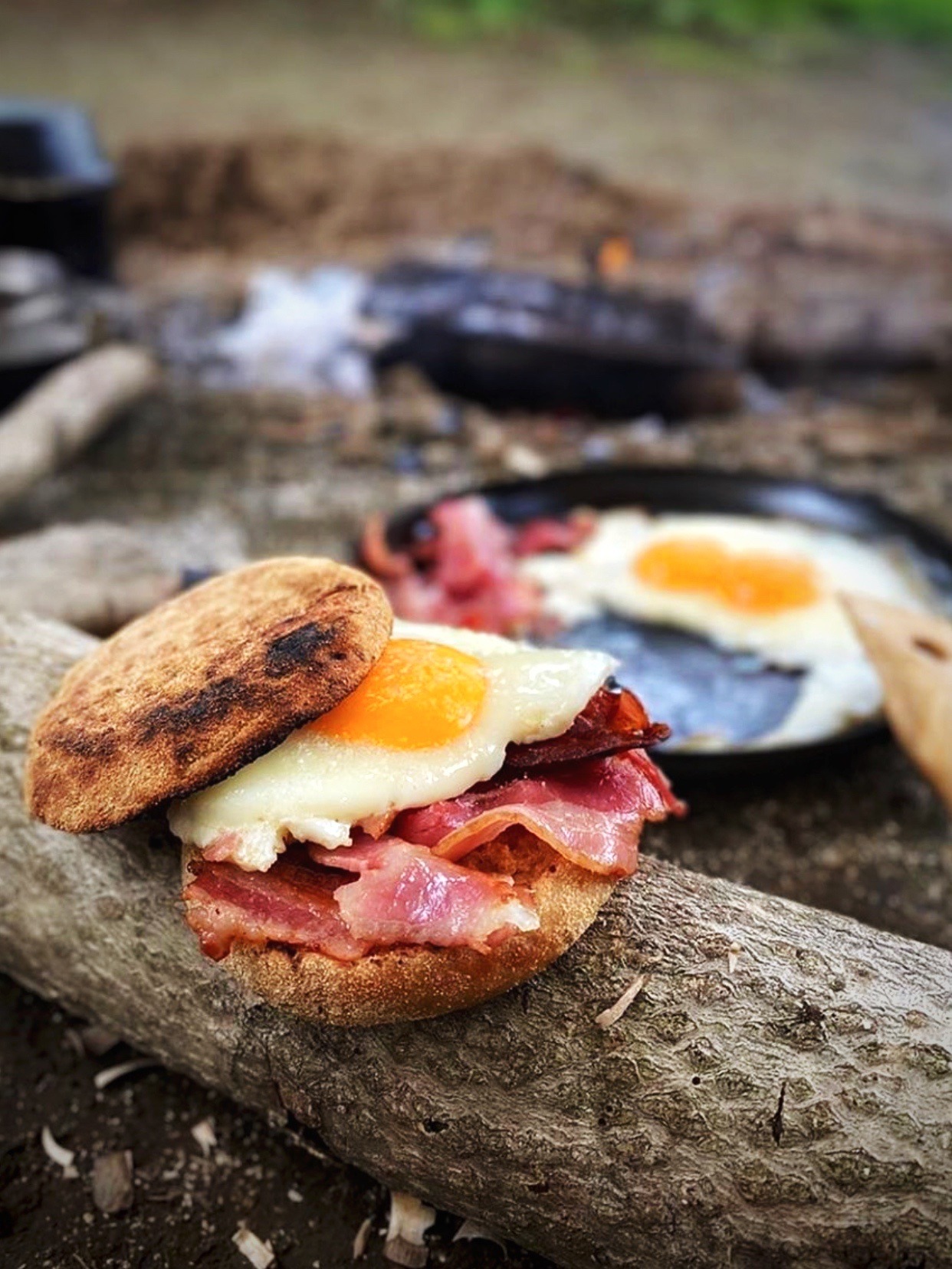 1242x1656, 447 Kb / еда, бекон, грудинка, яичница, глазунья, полено, бревно, сковорода