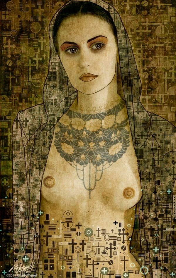 600x951, 191 Kb / девка, рисунок, крестики, тату