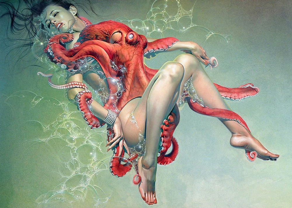 1000x714, 232 Kb / осьминог, под водой, пена, пузыри