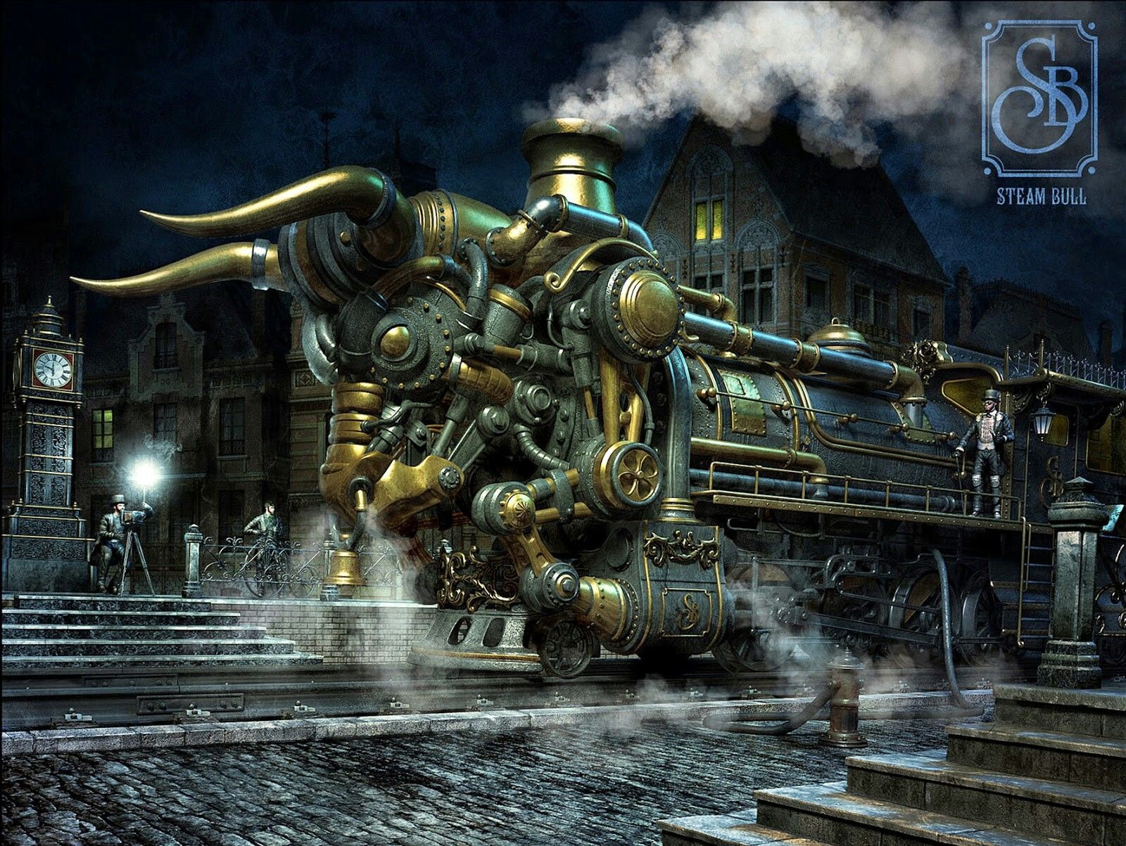 1600x1203, 444 Kb / поезд, дома, люди, бык, рога, ступени, стимпанк