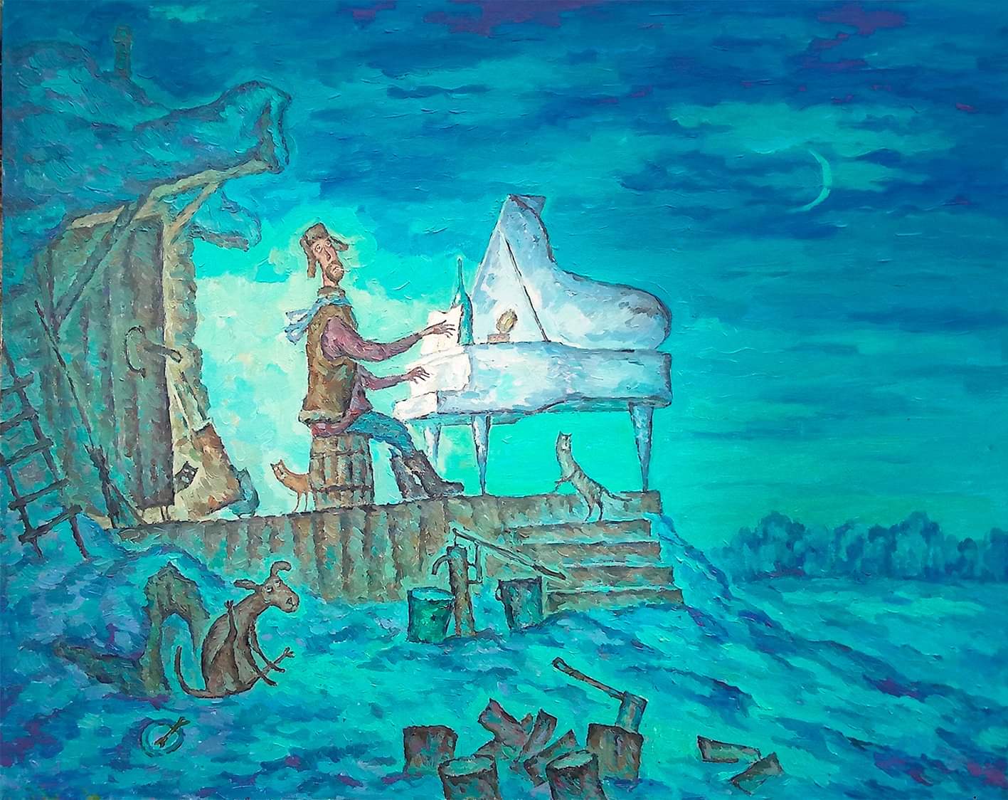 1417x1124, 195 Kb / рояль, зима, вечер, деревня, рисунок, картина