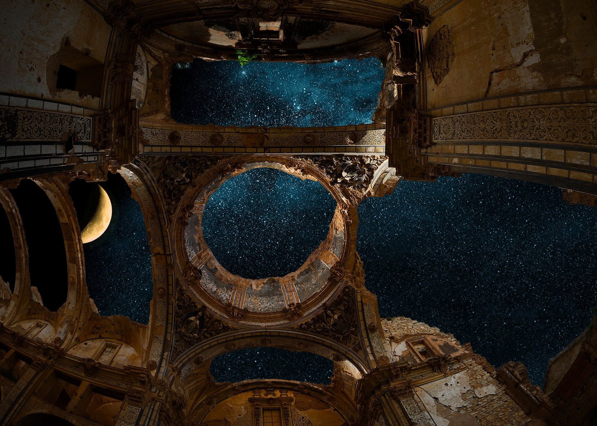 2000x1429, 633 Kb / небо, ночь, звезды, луна, месяц, развалины