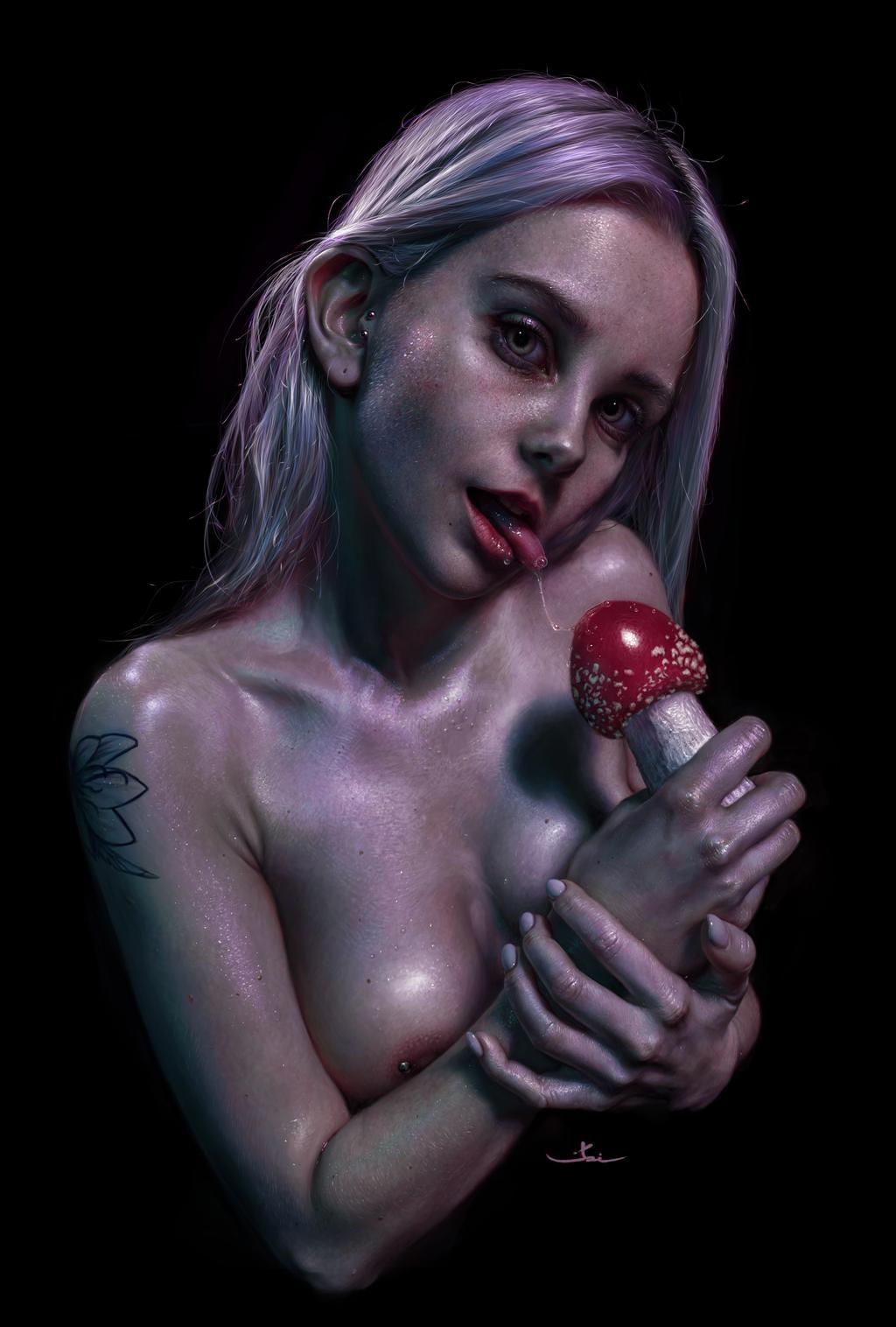 1024x1516, 108 Kb / девка, слюна, мухомор, взгляд, рисунок, пирсинг, тату
