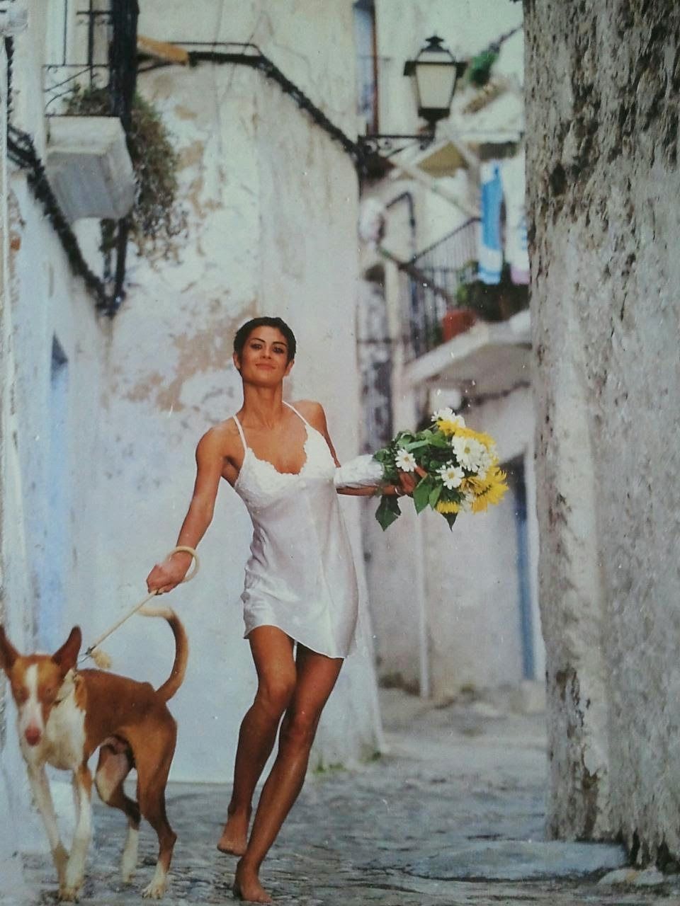 960x1280, 141 Kb / женщина, цветы, сорочка, букет, собака, фонарь, переулок