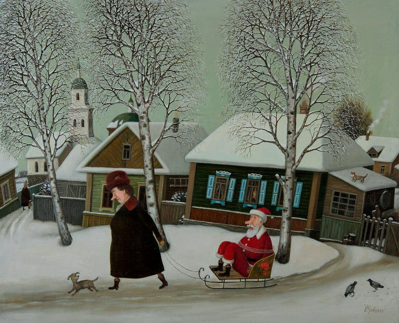 1280x1036, 502 Kb / санки, дед мороз, берёза, дом