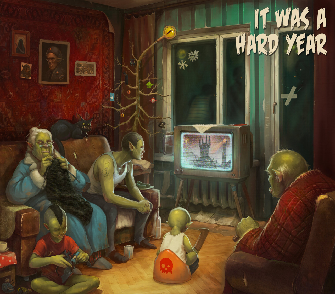 1280x1125, 378 Kb / новый год, телевизор, дед, бабка, мужик, дети, горшок, фотографии, диван, окно, елка, игрушки, кот, орки, саурон