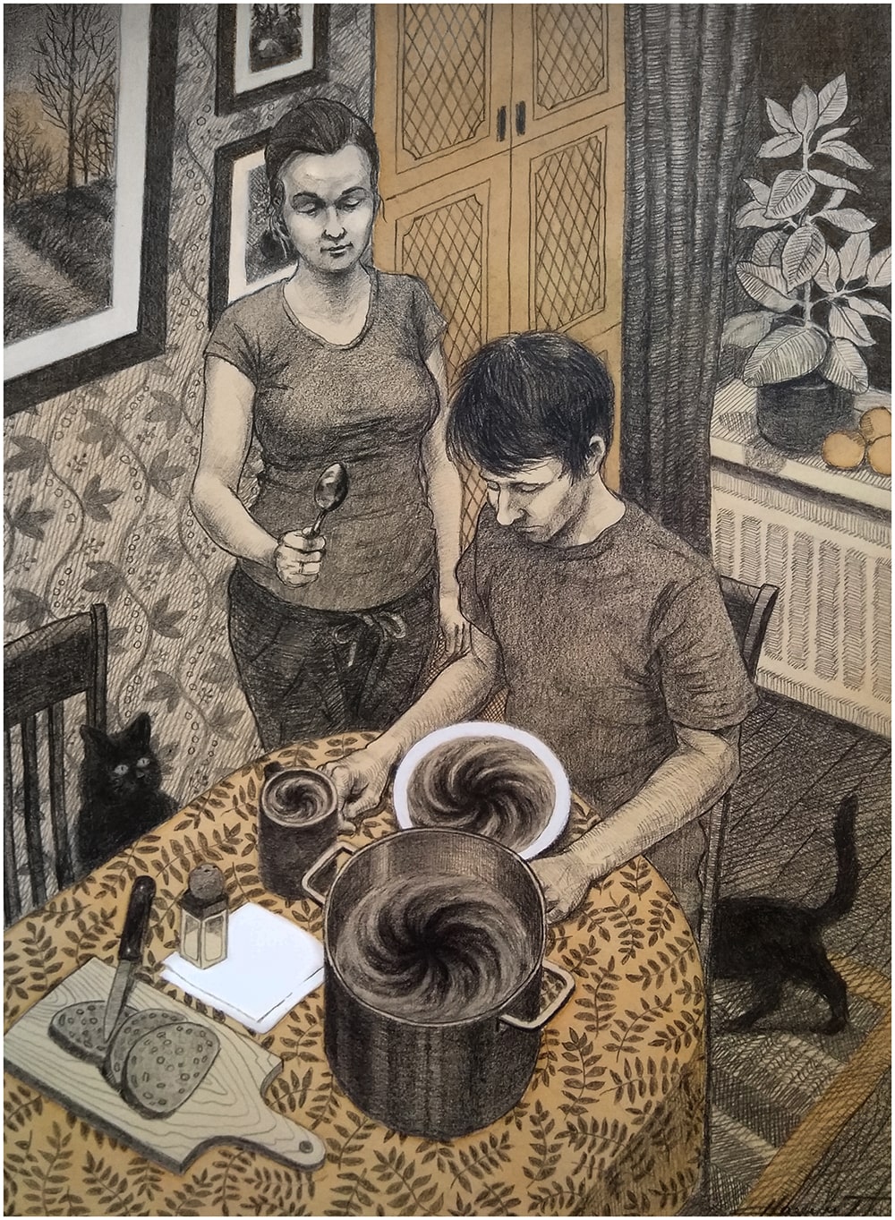 1000x1363, 435 Kb / суп, грибной, черная дыра, рисунок, девка, кот