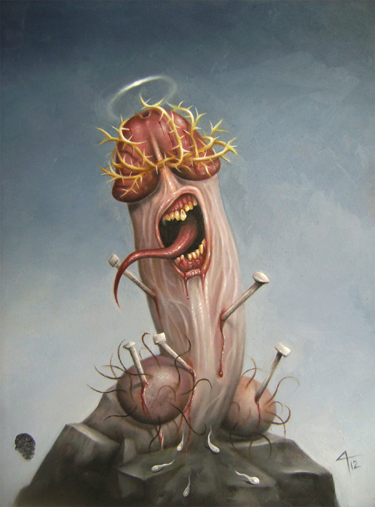 769x1039, 150 Kb / хуй, гвозди, нимб, рисунок, The Crucifixion of Penis Christ