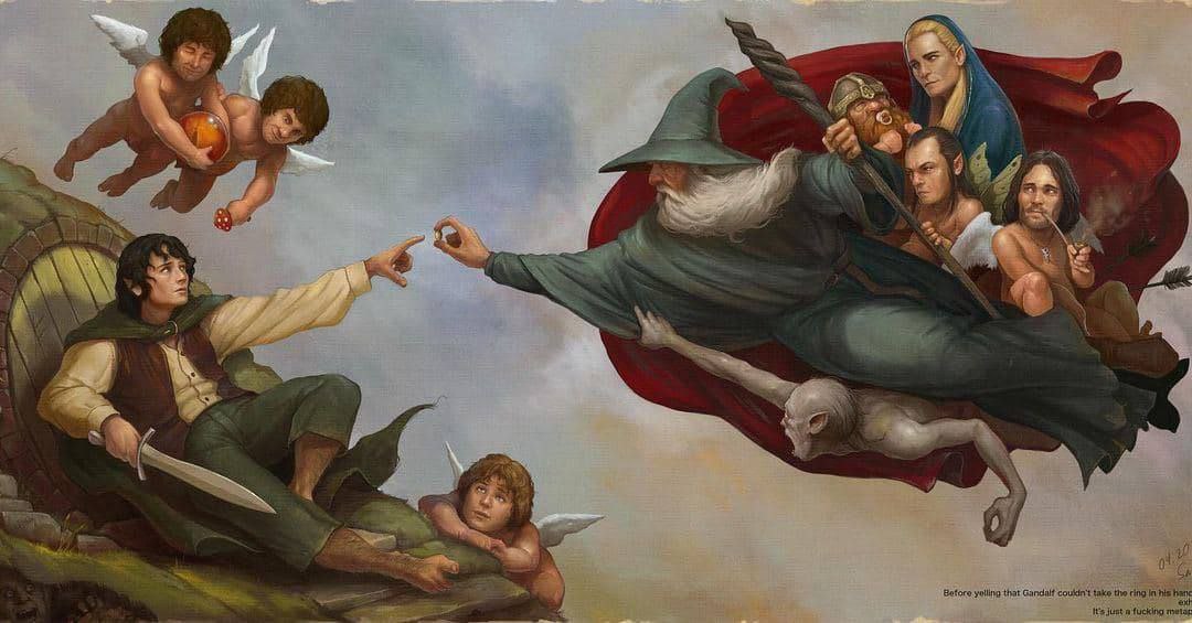 1080x565, 109 Kb / фродо, гендальф, хоббиты, кольцо, горлум, сотворение адама