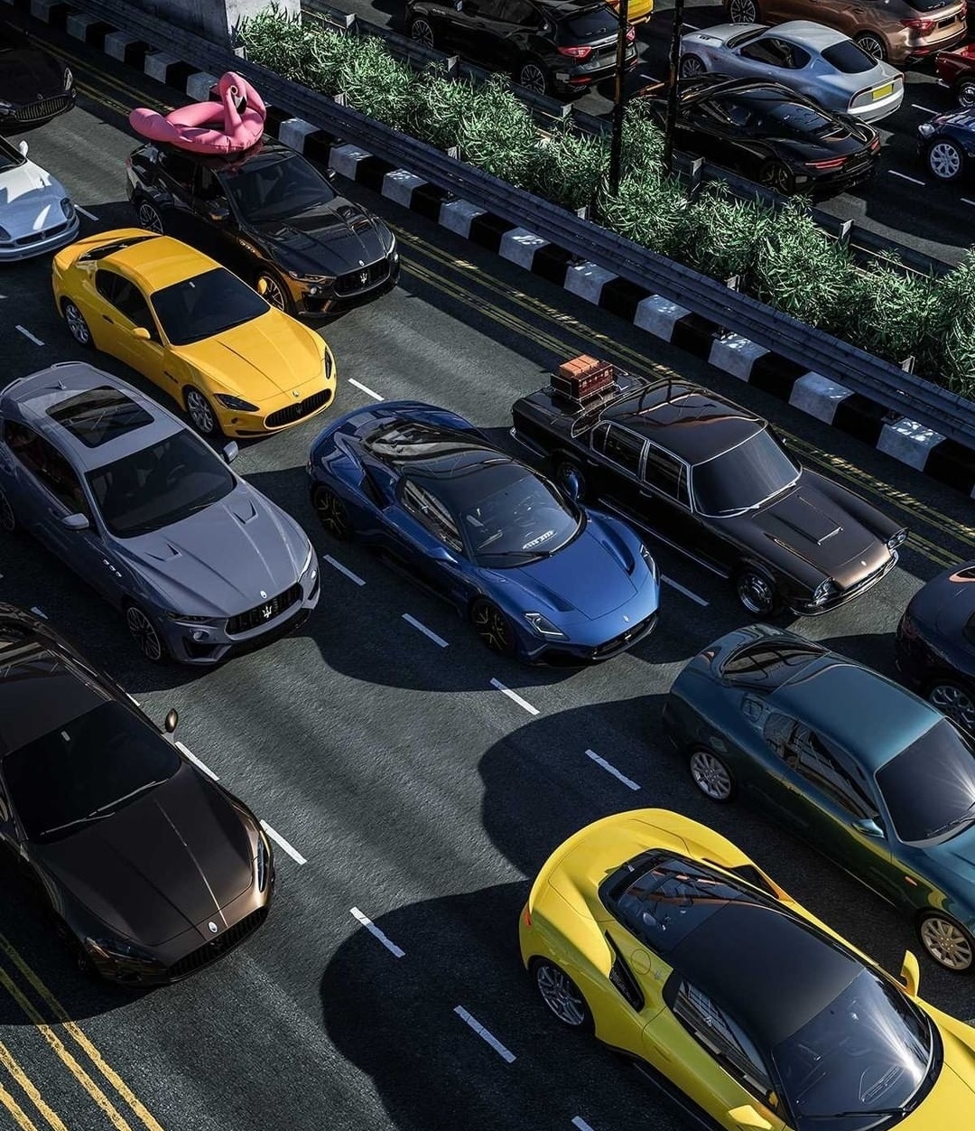 1080x1252, 639 Kb / Maserati, авто, пробка, дорога, багаж, фламинго