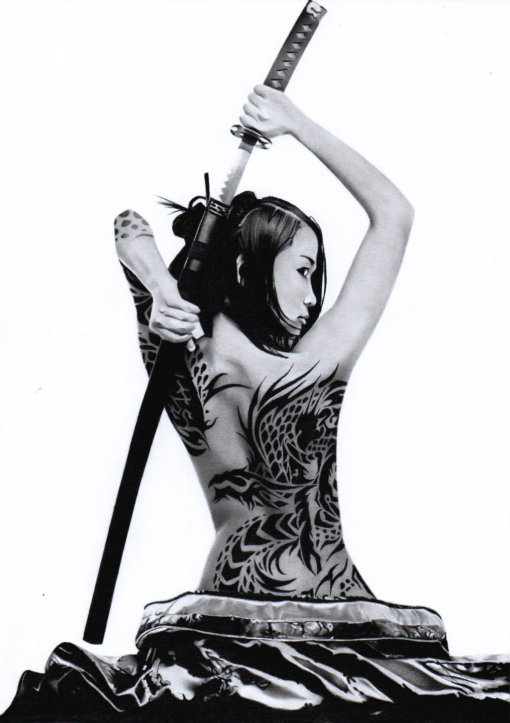 1024x1451, 148 Kb / женщина, азиатка, меч, тату, ч/б