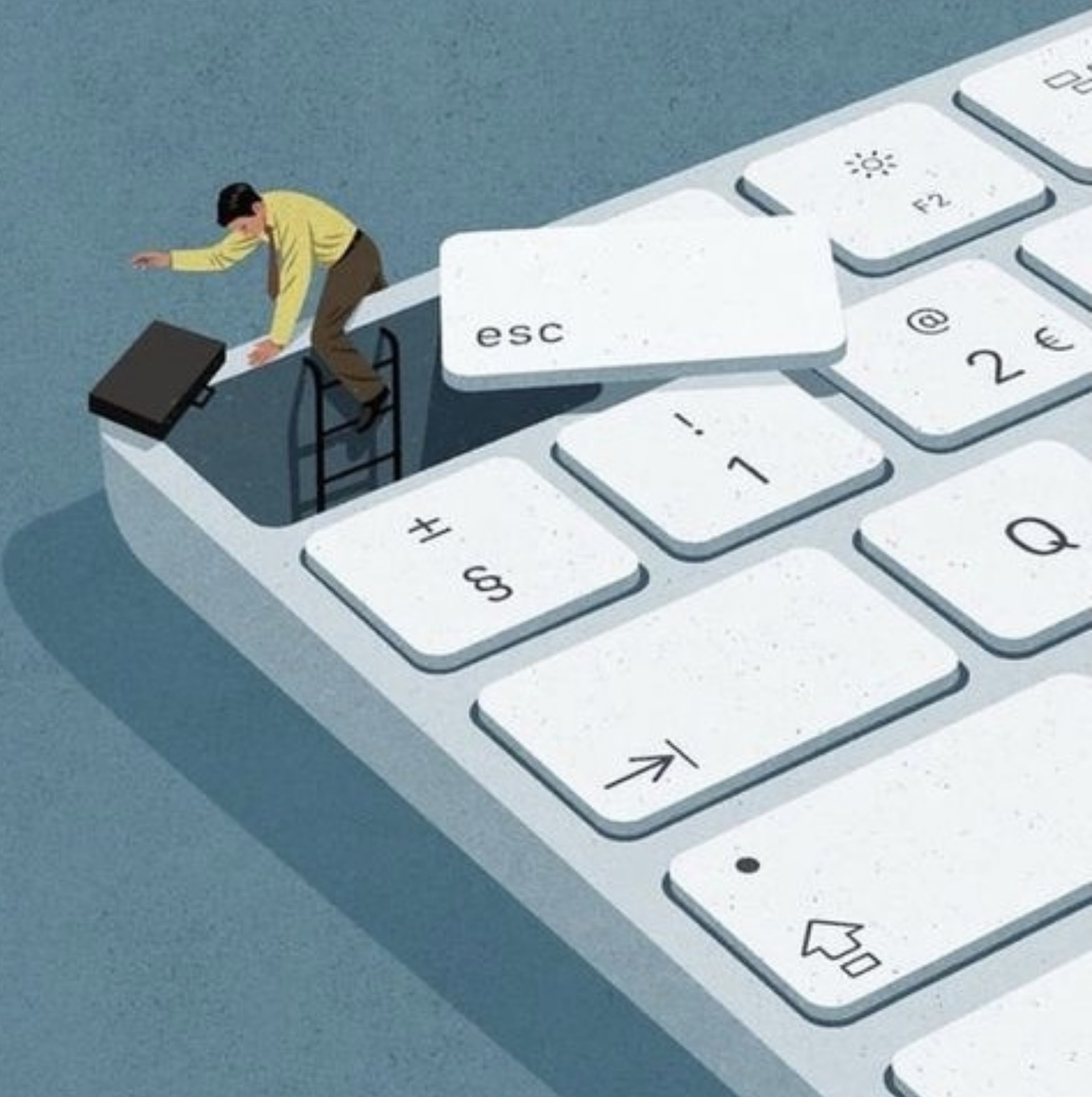 1919x1928, 485 Kb / рисунок, портфель, лестница, клавиатура, esc, побег