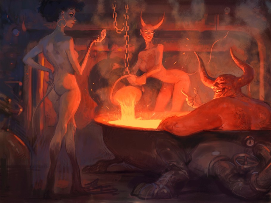 910x682, 100 Kb / дьявол, девки, казан, купание, рисунок