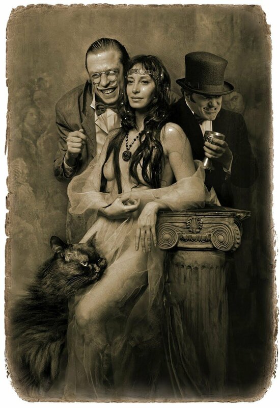 550x800, 90 Kb / Маргарита, кот Бегемот, Коровьев, Фагот, Азазелло, бокал, ч/б, шляпа, пенсне, кулон, колонна