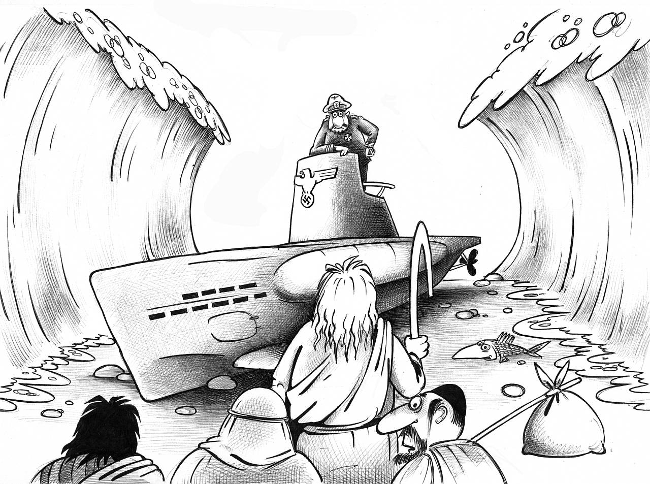 1280x953, 230 Kb / евреи, фашисты, подводная лодка, карикатура, рисунок, ч/б