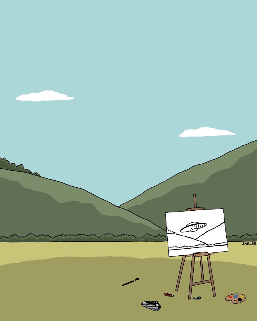 880x1100, 79 Kb / инопланетяне, картина, рисунок, мольберт, контакт, летающая тарелка, горы, пейзаж, палитра, кисть, краски, кисточка, кроссовки