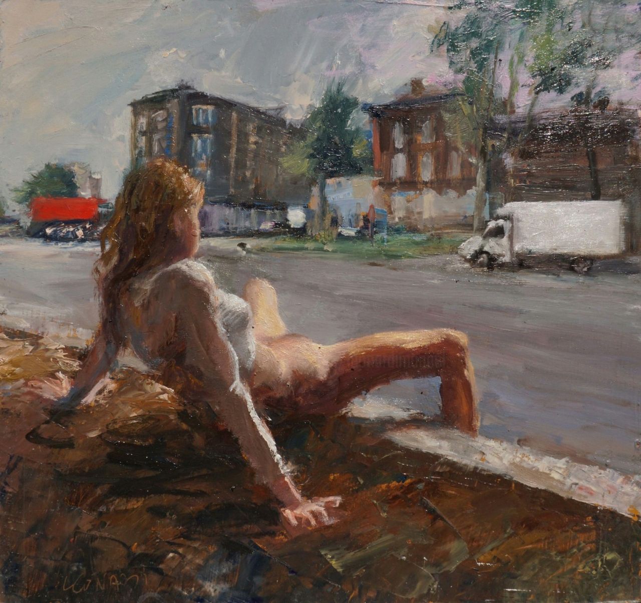 1280x1204, 235 Kb / женщина, развязна, улица, дома, дорога, картина, газель, поребрик, бордюр