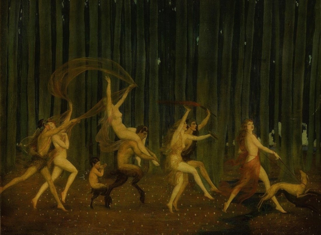 1100x807, 173 Kb / картина, женщины, мужчины, сатиры, собака, веселье, лес, деревья