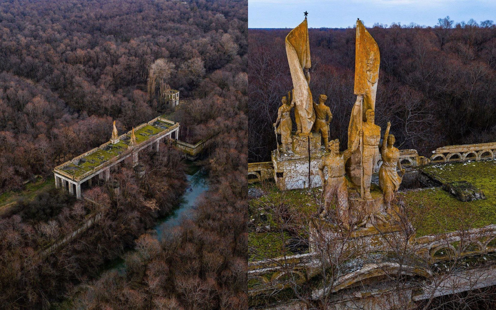 1638x1024, 571 Kb / заброшка, лес, Адыгея, советская Атлантида, скульптура, река, Тщикское водохранилище