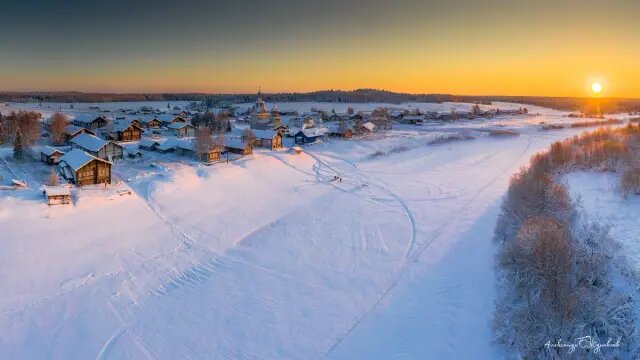 640x360, 38 Kb / Зима, река, снег, село, деревня, солнце