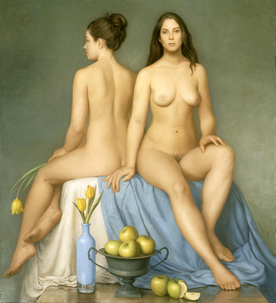 561x615, 65 Kb / женщины, яблоки, ваза, бутылка, картина, тюльпаны