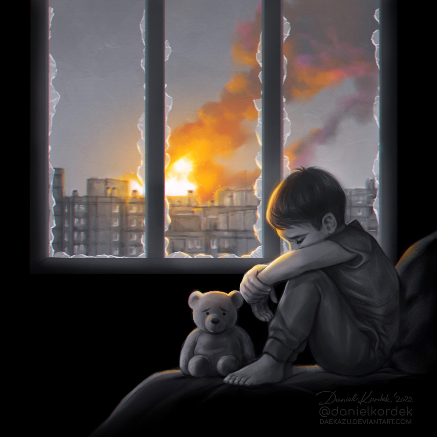 1500x1500, 302 Kb / daekazu, иллюстрация, печаль, украина, ребенок, мишка, пожар