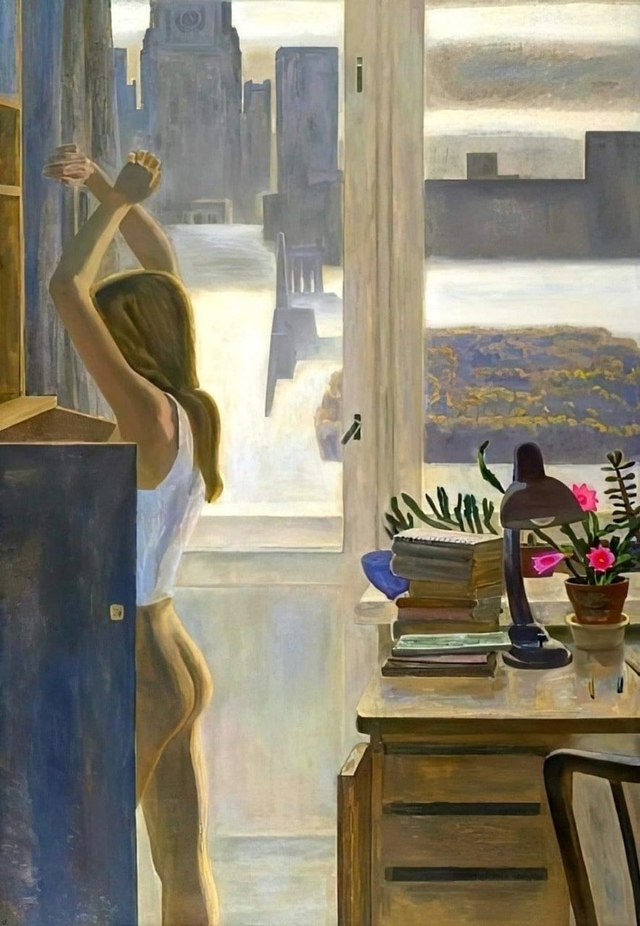 640x926, 264 Kb / рисунок, картина, утро, кактус, СССР, попа, Павлов, книги, лампа, окно, дверь, балкон