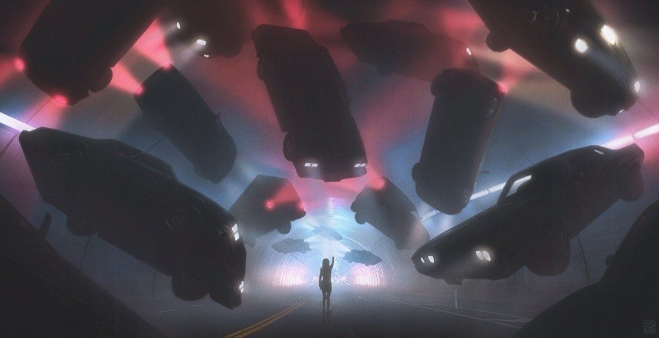 960x493, 108 Kb / туннель, тоннель, свет, фары, авто, машины, левитация, фигура