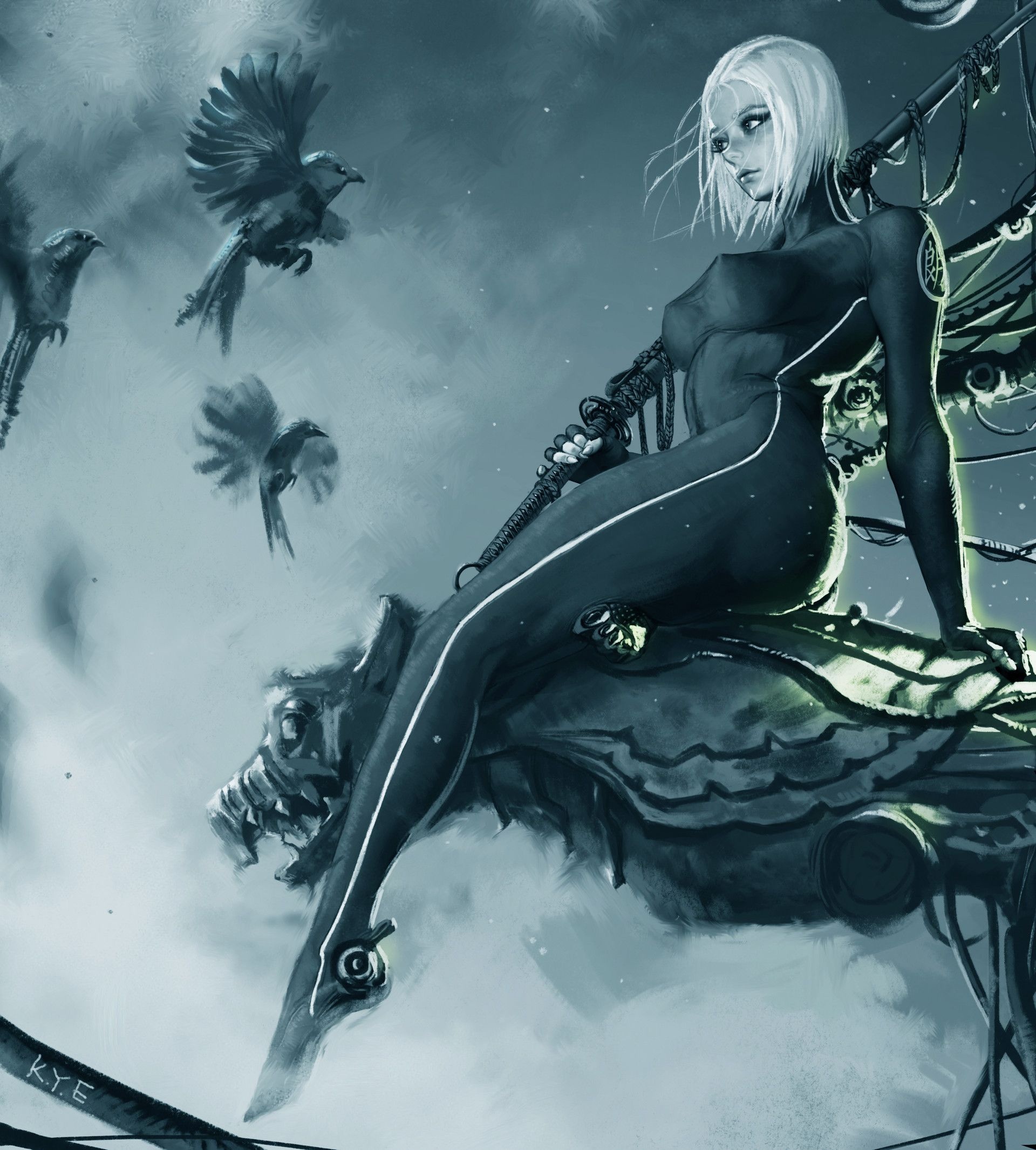 1920x2131, 617 Kb / дракон, меч, птицы, kye