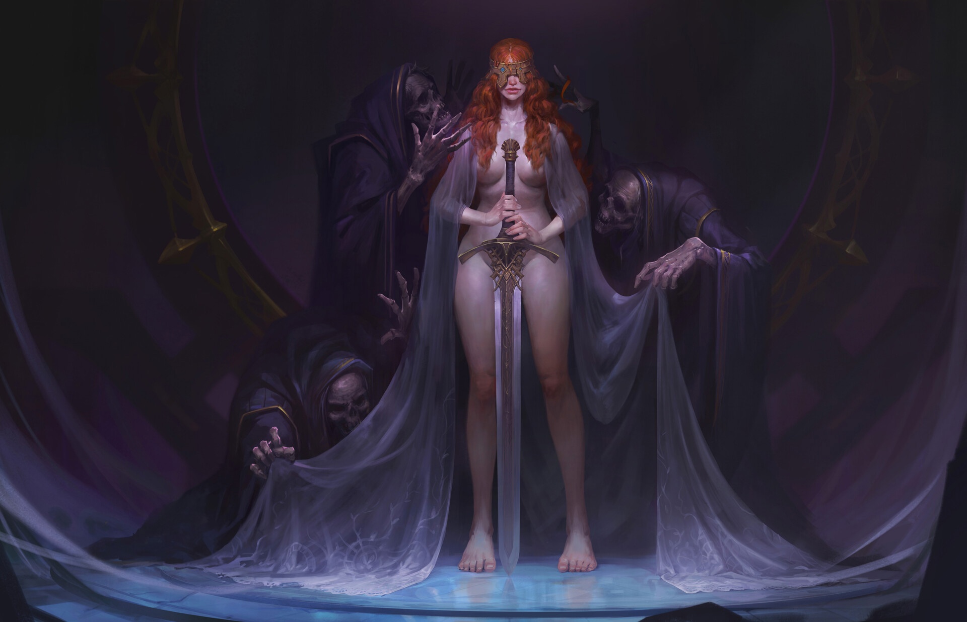 1920x1236, 306 Kb / JIANFENG XING, меч, скелет, девушка