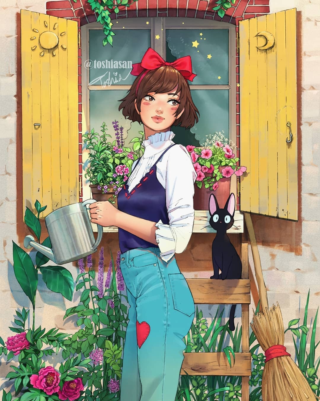 1080x1351, 422 Kb / Миядзаки, служба доставки, Кики, кот, лейка, ставни, джинсы, сердечко, заплата, toshiasan