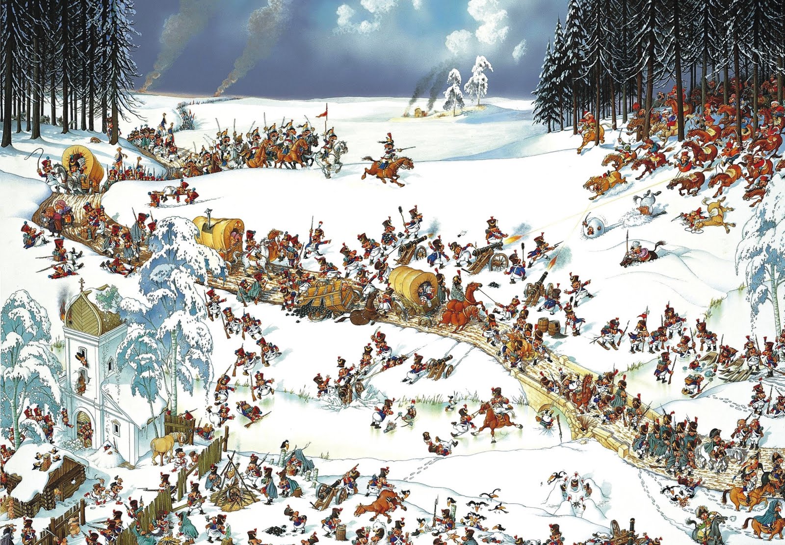 1600x1110, 536 Kb / война, 1812, гусары, солдаты, зима, церковь, Jean-Jacques Loup, пазл