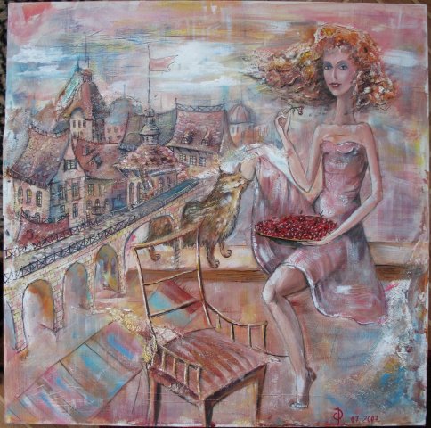 484x480, 68 Kb / рыжая, женщина, картина, кот, мост, город, великанша, блюдо, ягоды, дома, крыши, стул