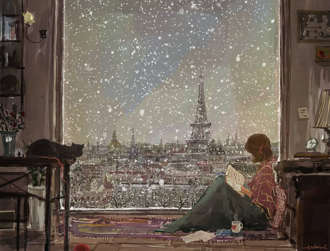 1080x821, 157 Kb / женщина, кошка, плед, книга, окно, эйфелева башня