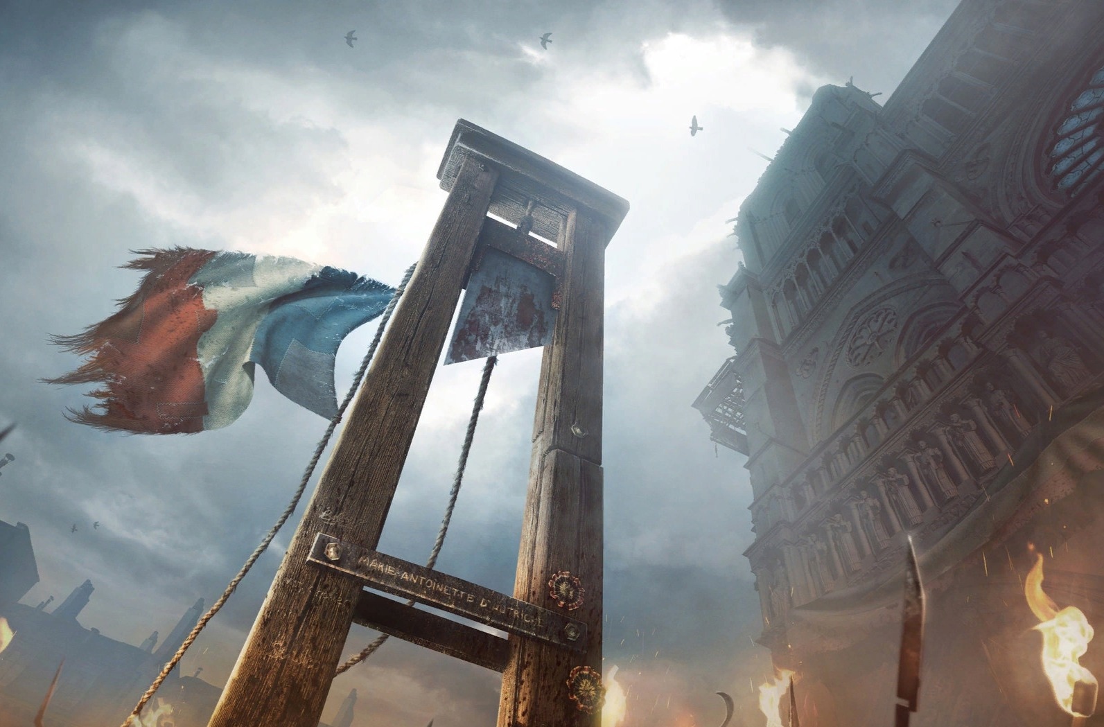 1593x1049, 444 Kb / Франция, гильотина, надпись, флаг, собор, Fabien Troncal, Assassins Creed Unity