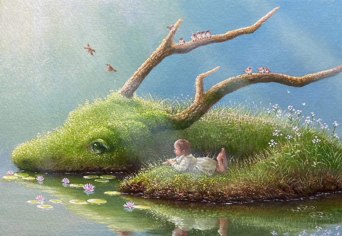 1200x826, 263 Kb / картина, рисунок, островок, ребенок, рога, птицы, кувшинки, трава, цветы, глаза, вода, отражение, юлия гукова