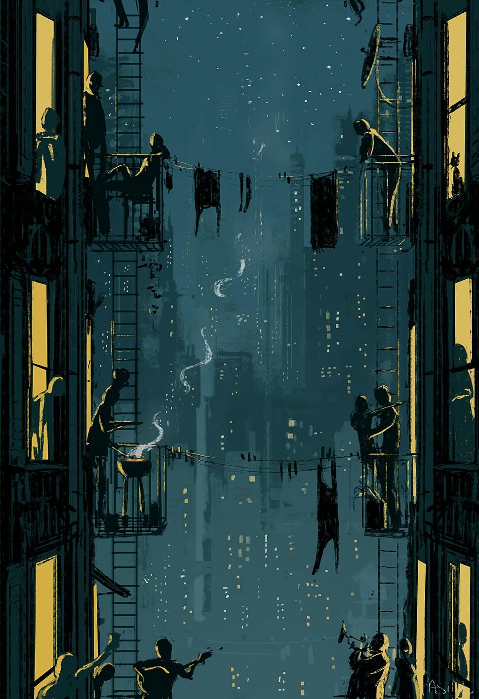 970x1417, 208 Kb / город, здания, балконы, люди, жизни, картина, Pascal Campion