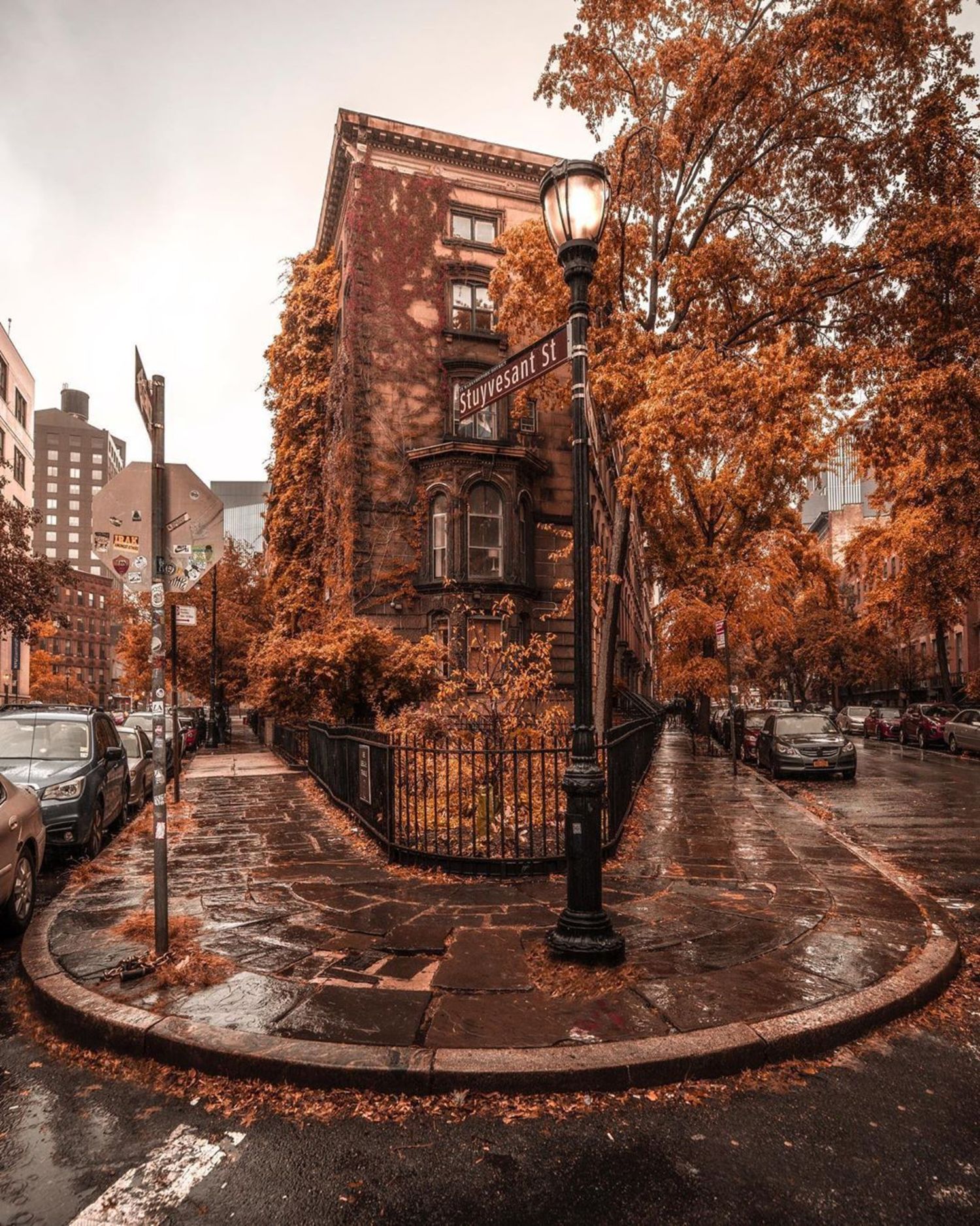 1500x1875, 620 Kb / осень, листья, улица, дом, фонарь, Манхэттен, Гринвич Виллидж