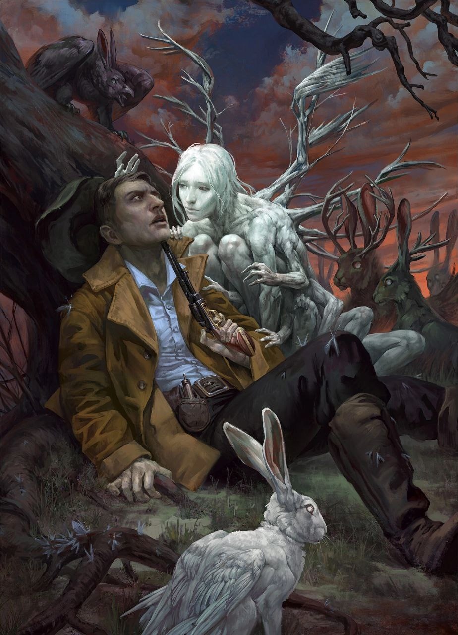 924x1280, 362 Kb / заяц, демон, револьвер, шляпа, мужчина, бревно