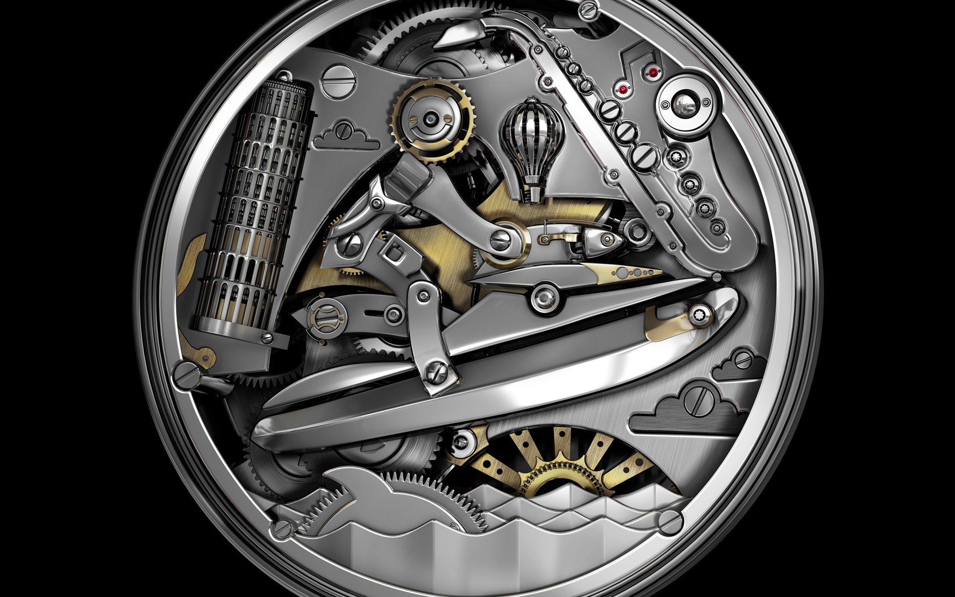 1920x1200, 381 Kb / часовой механизм, мотолодка, башня, волны, человек, саксафон, аэростат, облака, пизанская башня