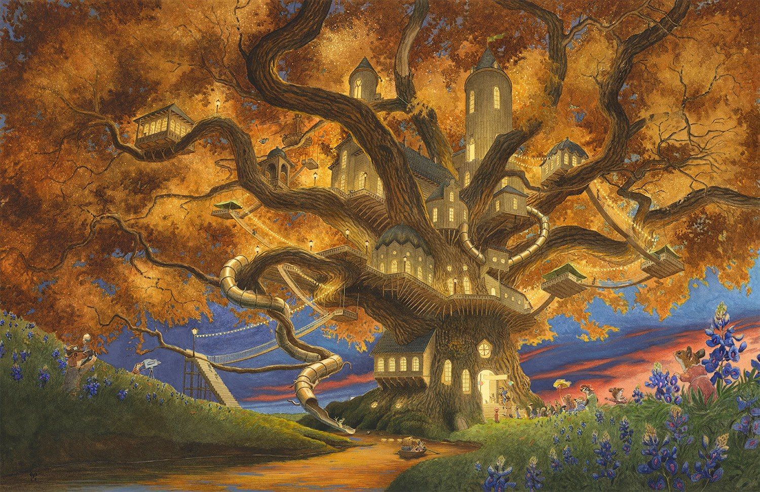 1500x972, 434 Kb / Стив Ричардсон, Крошка Венди и дом на дереве, дерево, крона, дом, животные, река, лодка