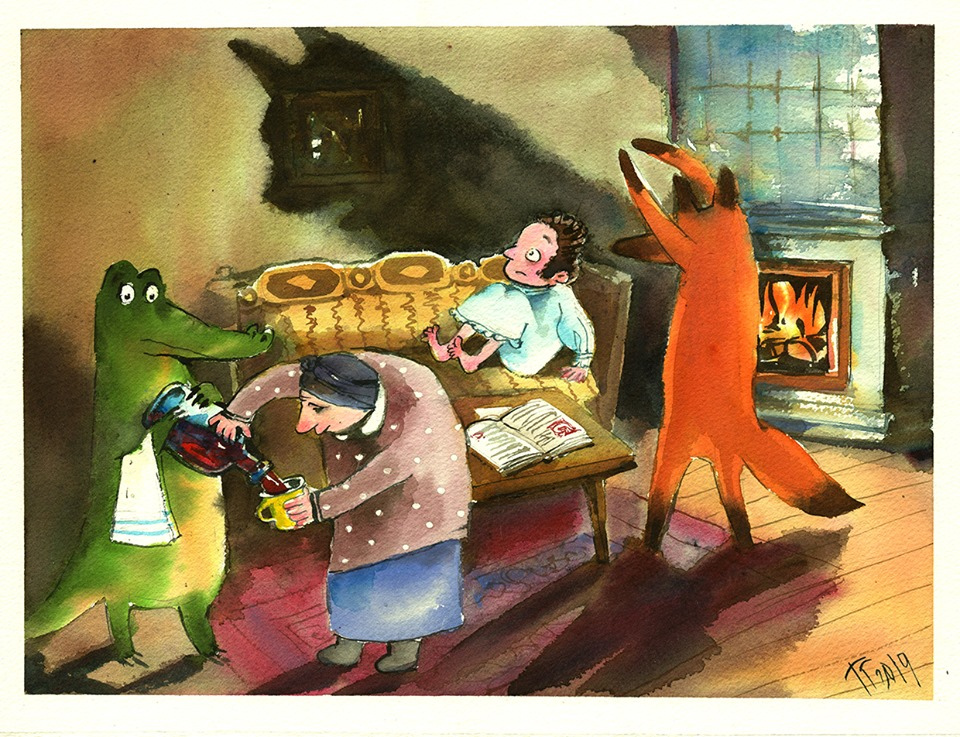 960x737, 447 Kb / лис, крокодил, няня, старушка, А. Пушкин, тень, печь, огонь, бутылка, книга, часы