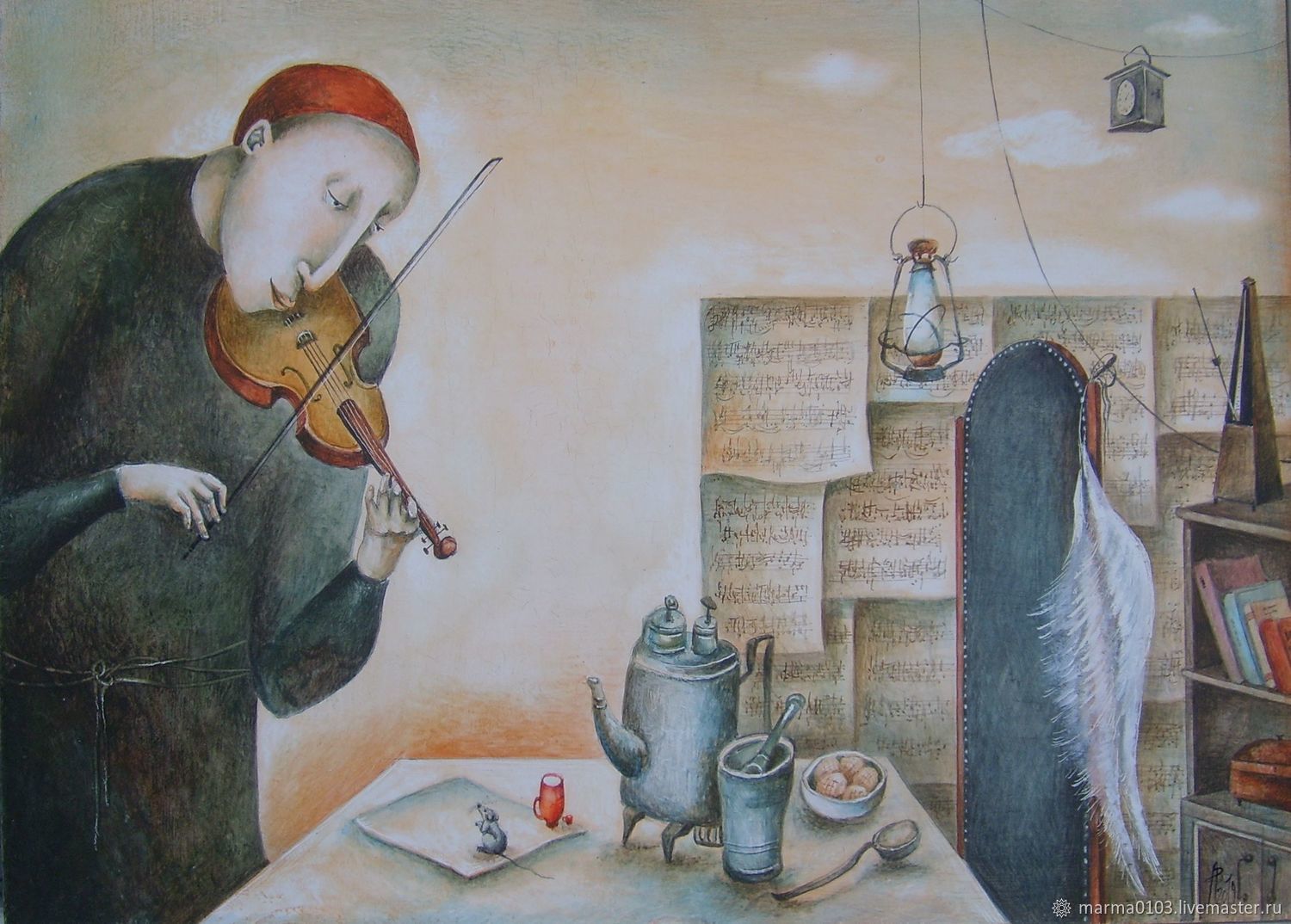 1500x1074, 212 Kb / картина, керосиновая лампа, мышь, кружка, ложка, мужчина, скрипка, стол, книги, чайник, стул, крылья, anna volokitina