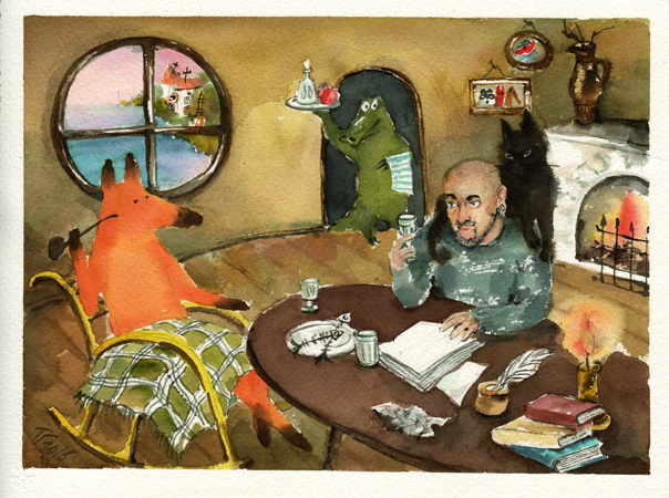 604x450, 193 Kb / лис, крокодил, кот, Бегемот, Воланд, поднос, окно, плед, рюмки, камин, книги, трубка, свеча, рисунок