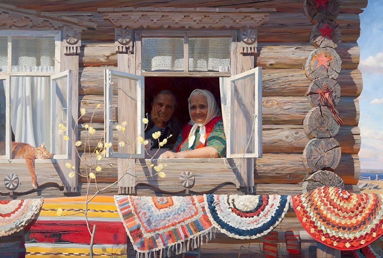 1280x862, 289 Kb / дед, бабка, дом, сруб, кот, окно, верба, картина, половики