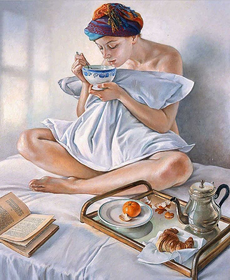 736x897, 102 Kb / Francine Van Hove, завтрак, круассан, топлесс, чай, мандарин, книга, картина, рисунок