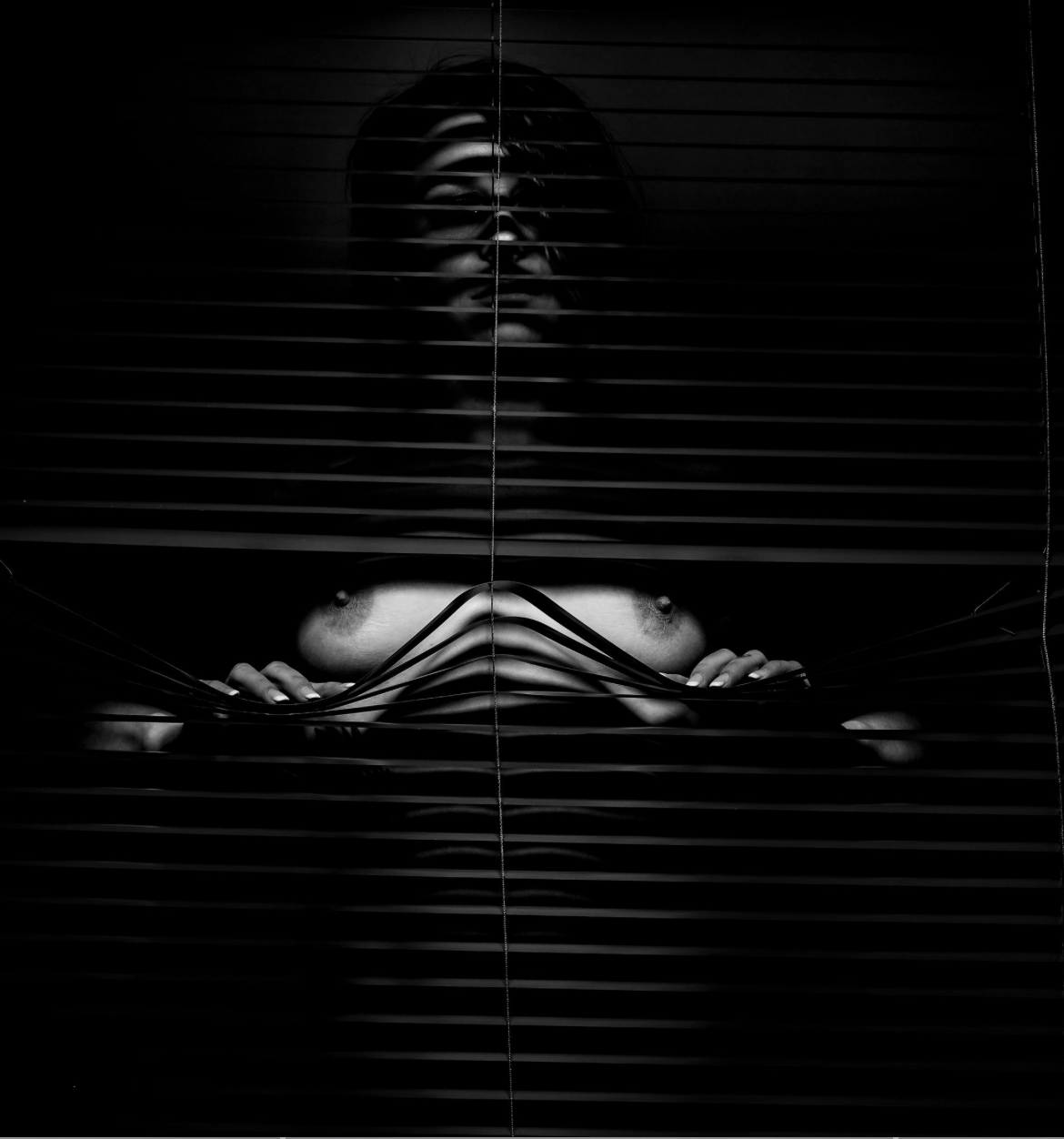 1170x1252, 607 Kb / сиськи, жалюзи, ч/б