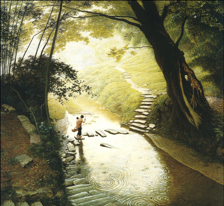 871x800, 500 Kb / женщина, ребёнок, река, лес, деревья, камни, ступени