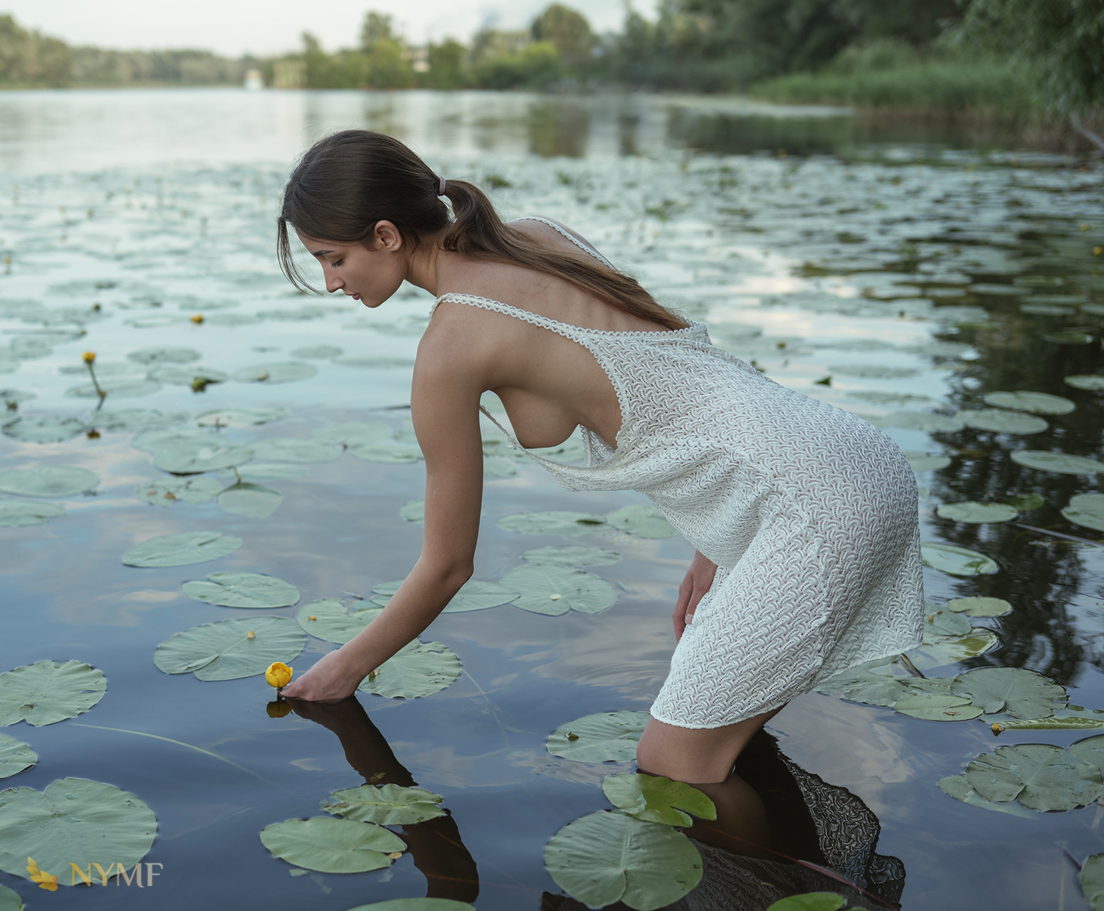 1551x1280, 493 Kb / шатенка, сорочка, белая, кувшинка, озеро, вода, Давид Дубницкий, David Dubnitskiy