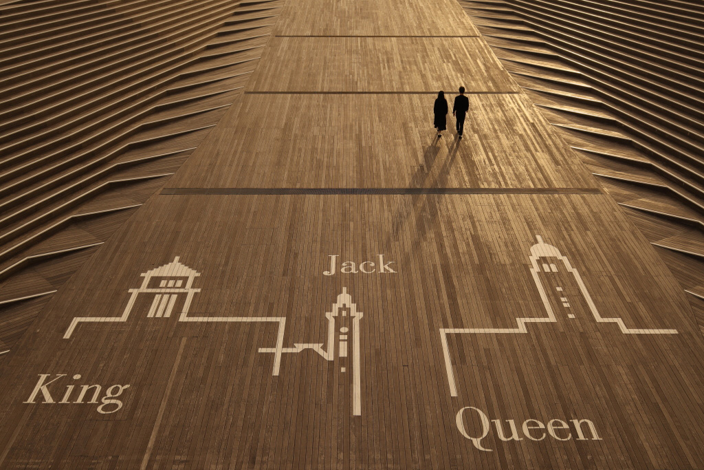 1024x683, 353 Kb / Япония, пирс, дерево, доски, пространство, двое, тень, сепия, Юничи Хакойама, Junichi Hakoyama